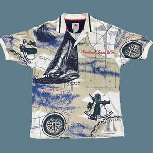 Cotton Traders Vintage AOP Nautical Polo Shirt Tan White Navy Men's Size Large